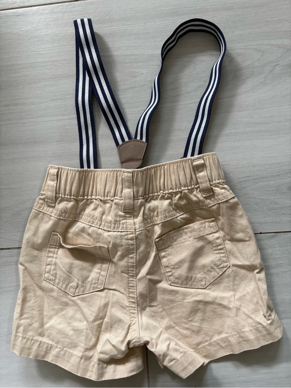 Baby Cream Cotton Shorts with Navy Stripe Suspenders 12 months - Picture 2 of 3